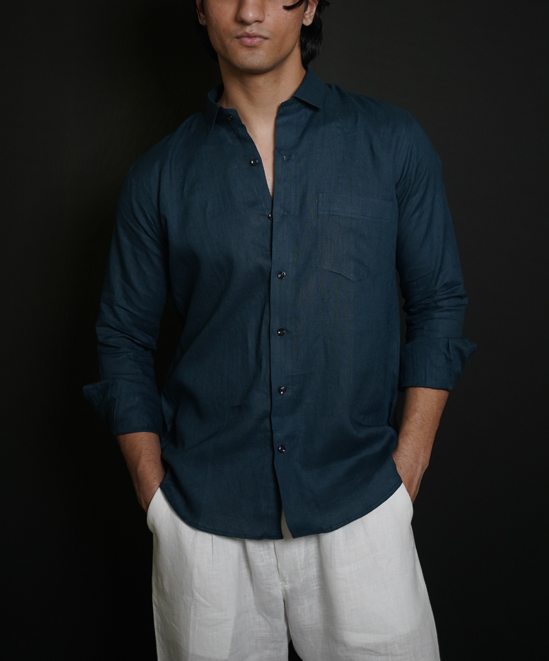 Teal Blue Shirt & White Loose Pant Combination