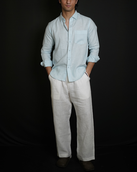 Sky Blue Shirt & White Loose Pant Combination