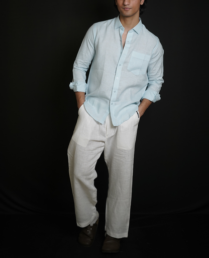 Sky Blue Shirt & White Loose Pant Combination
