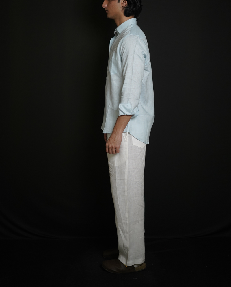 Sky Blue Shirt & White Loose Pant Combination