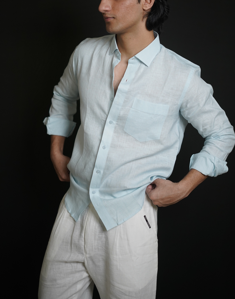 Sky Blue Shirt & White Loose Pant Combination