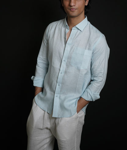 Sky Blue Shirt & White Loose Pant Combination