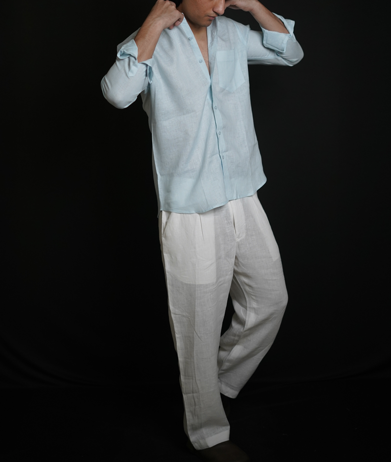 Sky Blue Shirt & White Loose Pant Combination