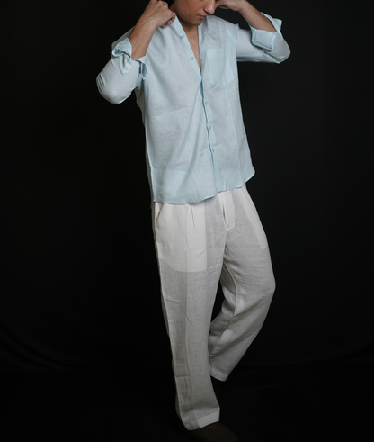 Sky Blue Shirt & White Loose Pant Combination