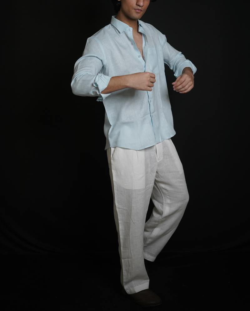 Sky Blue Shirt & White Loose Pant Combination