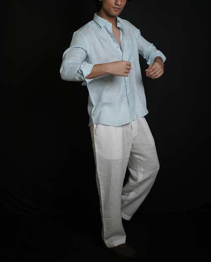 Sky Blue Shirt & White Loose Pant Combination