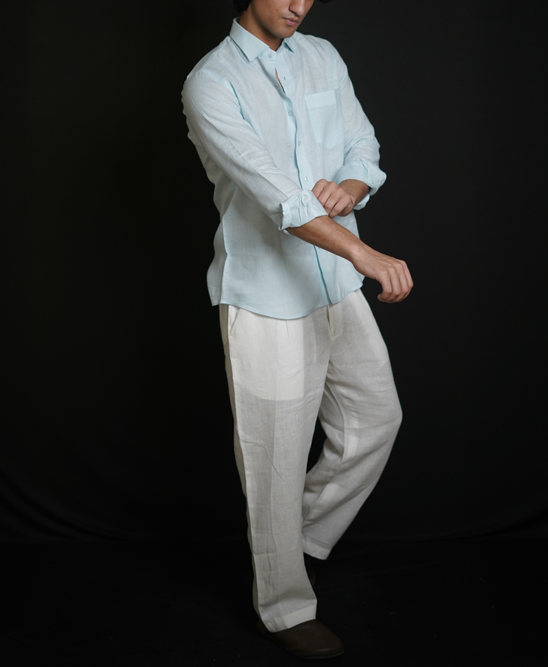 Sky Blue Shirt & White Loose Pant Combination