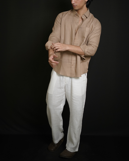Beige Brown Shirt & White Loose Pant Combination