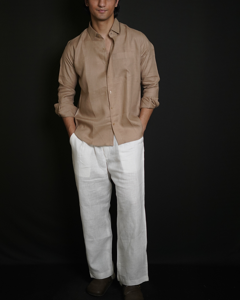 Beige Brown Shirt & White Loose Pant Combination