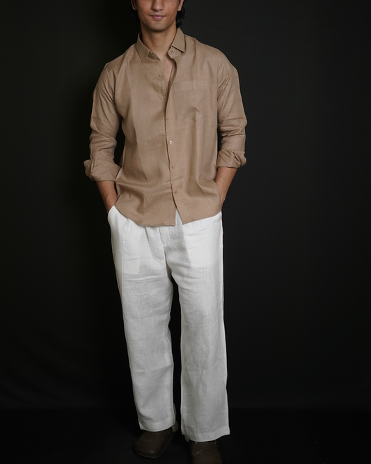 Beige Brown Shirt & White Loose Pant Combination