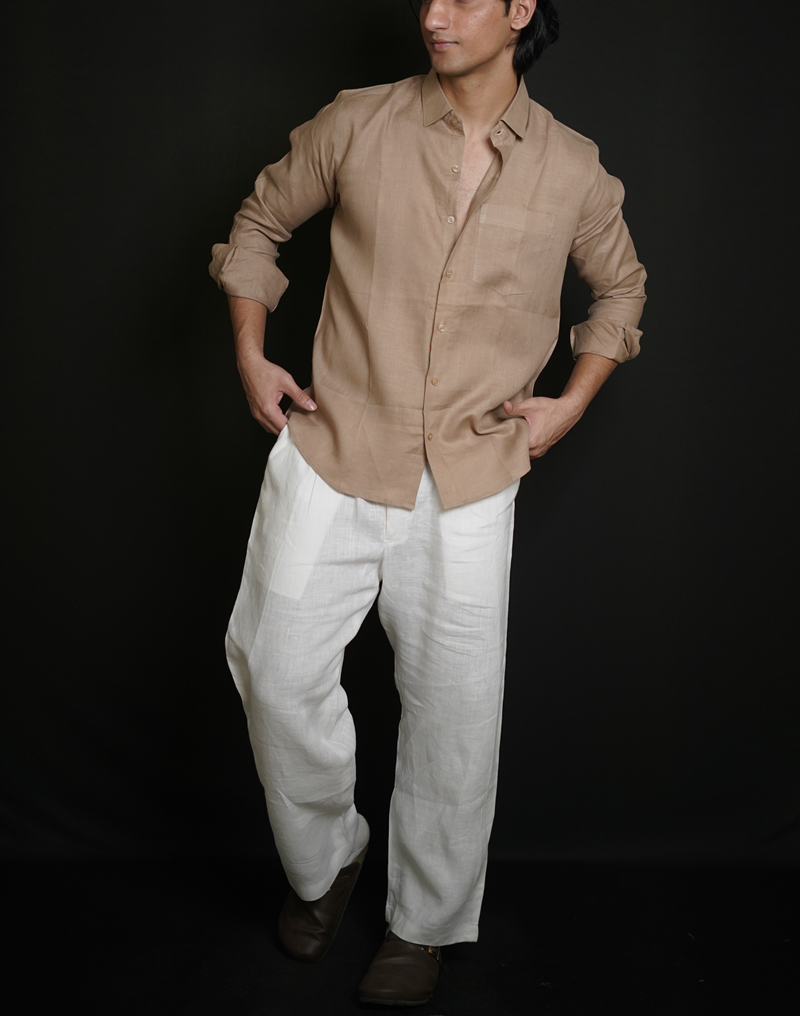 Beige Brown Shirt & White Loose Pant Combination