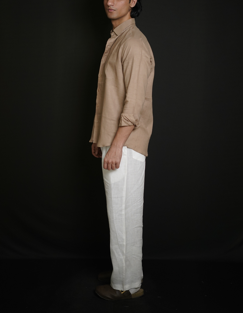 Beige Brown Shirt & White Loose Pant Combination