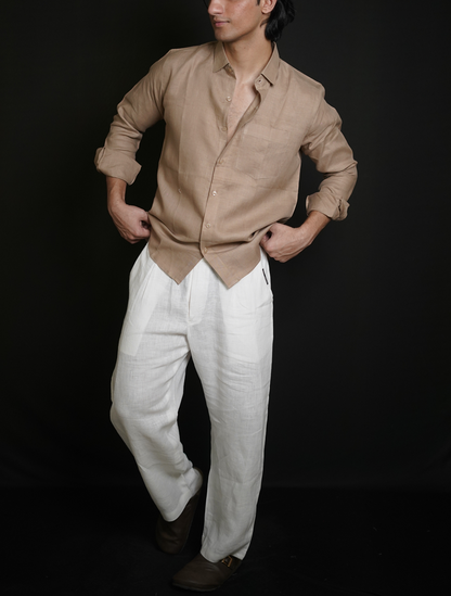 Beige Brown Shirt & White Loose Pant Combination