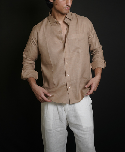 Beige Brown Shirt & White Loose Pant Combination