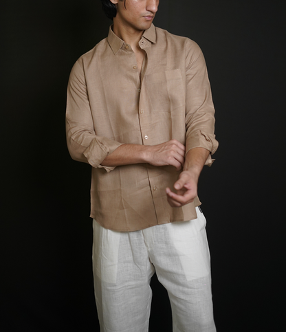 Beige Brown Shirt & White Loose Pant Combination