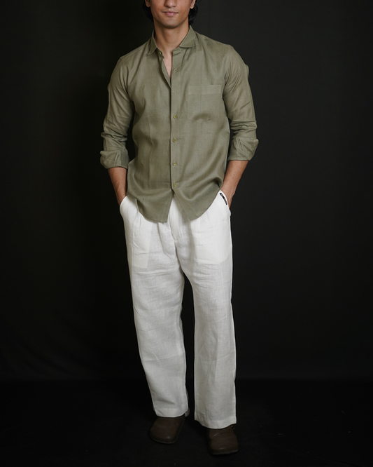 Olive Green Shirt & White Loose Pant Combination