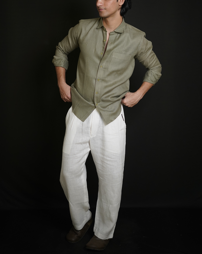 Olive Green Shirt & White Loose Pant Combination