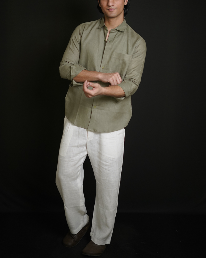 Olive Green Shirt & White Loose Pant Combination