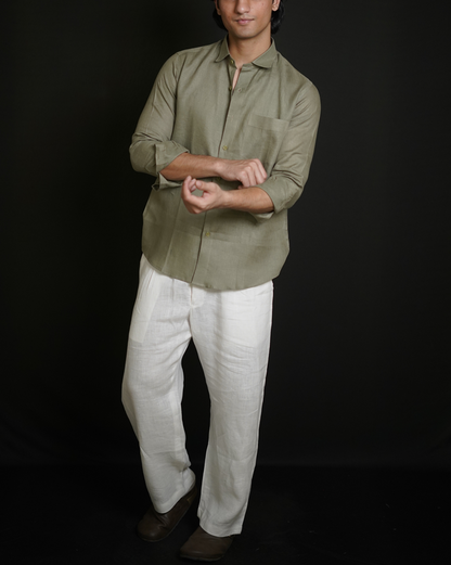 Olive Green Shirt & White Loose Pant Combination