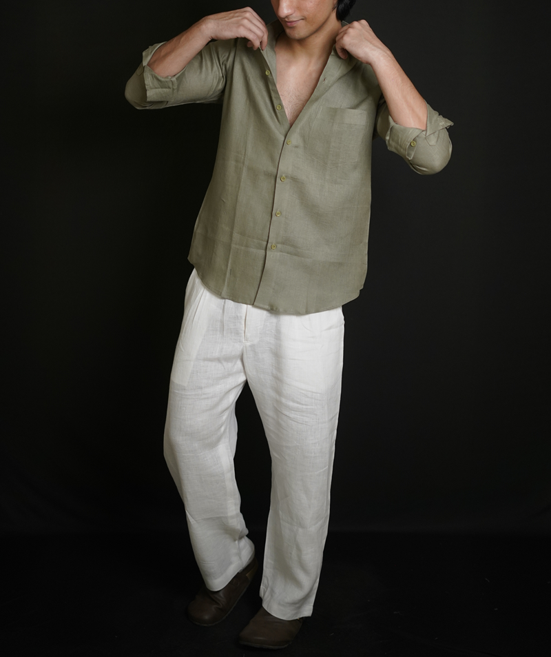 Olive Green Shirt & White Loose Pant Combination