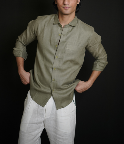 Olive Green Shirt & White Loose Pant Combination