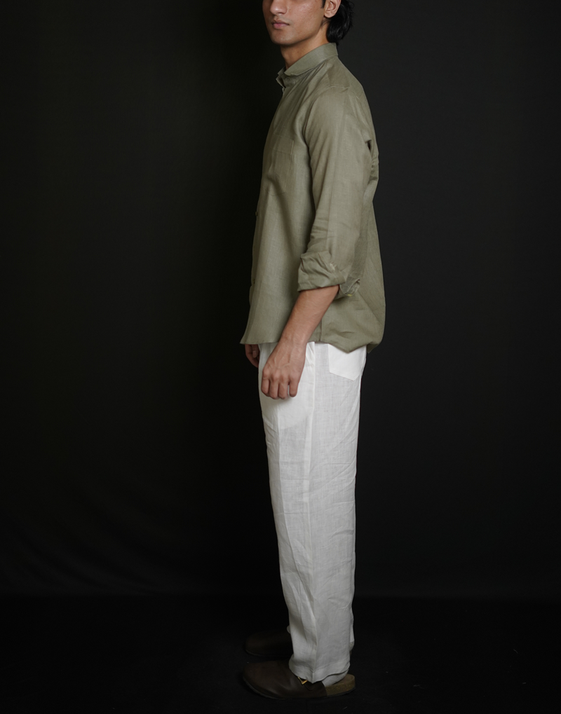 Olive Green Shirt & White Loose Pant Combination