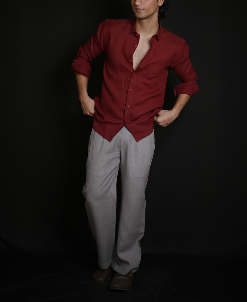 Matt Maroon Shirt & Grey Loose Pant Combination