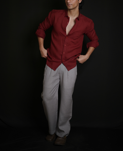 Matt Maroon Shirt & Grey Loose Pant Combination