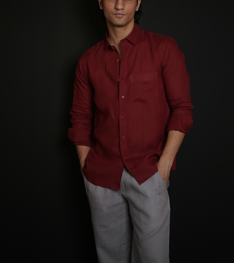 Matt Maroon Shirt & Grey Loose Pant Combination