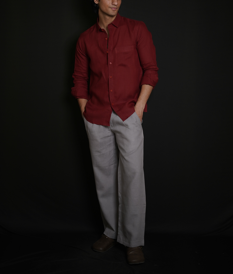 Matt Maroon Shirt & Grey Loose Pant Combination