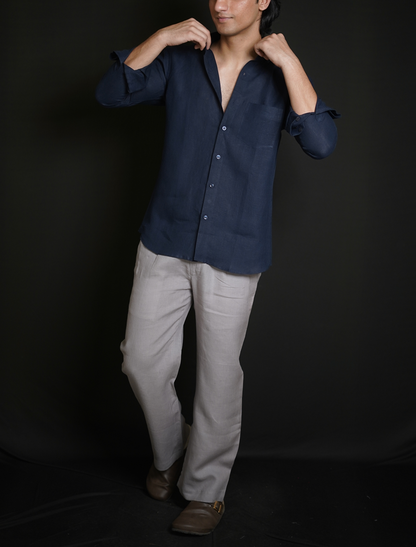 Navy Blue Shirt & Grey Loose Pant Combination