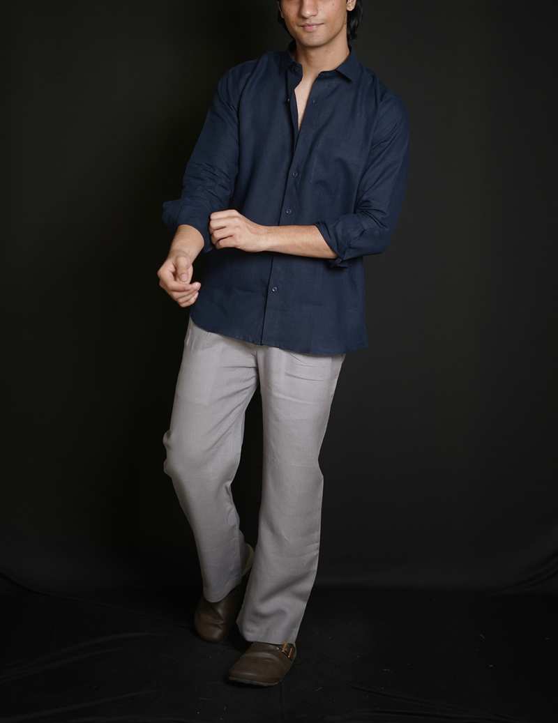 Navy Blue Shirt & Grey Loose Pant Combination