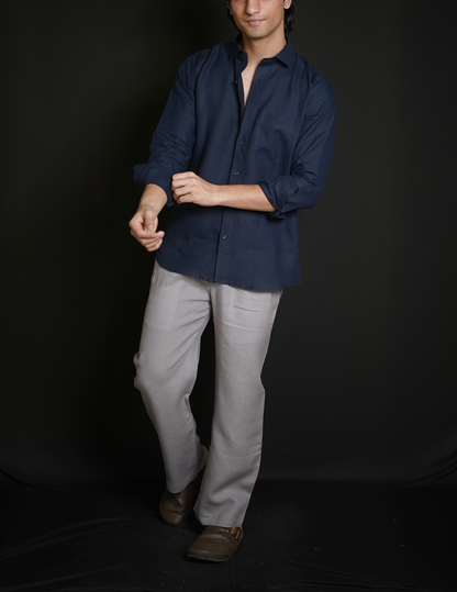 Navy Blue Shirt & Grey Loose Pant Combination