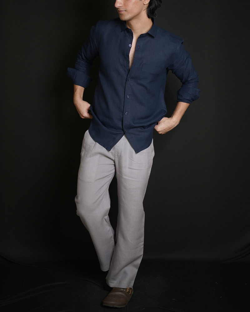 Navy Blue Shirt & Grey Loose Pant Combination