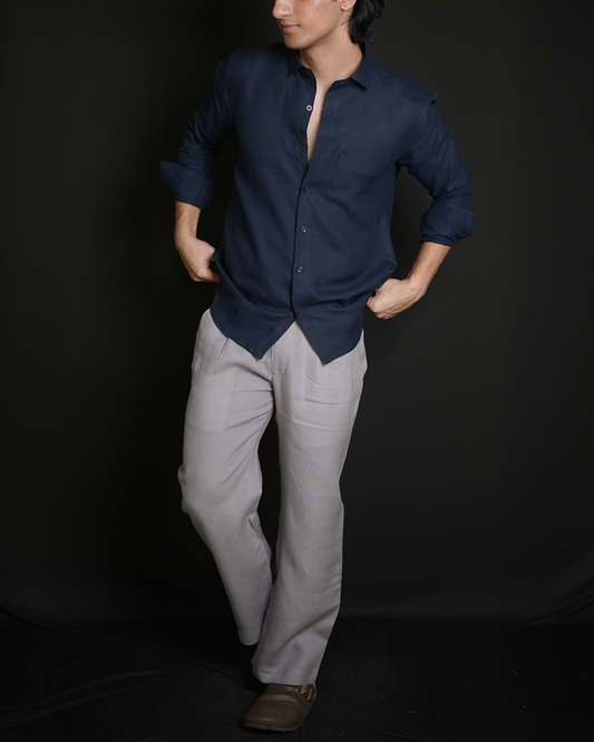Navy Blue Shirt & Grey Loose Pant Combination