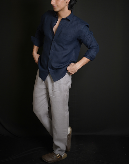Navy Blue Shirt & Grey Loose Pant Combination