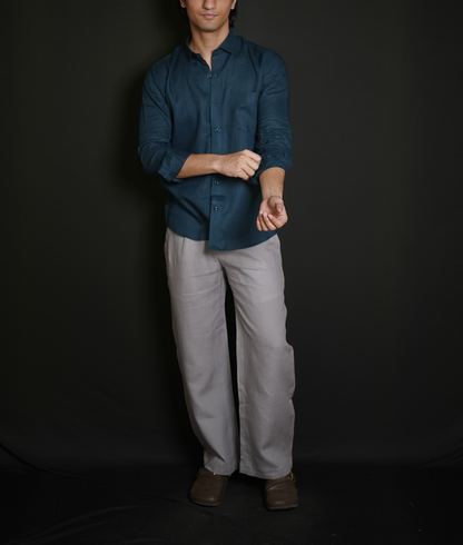 Teal Blue Shirt & Grey Loose Pant Combination