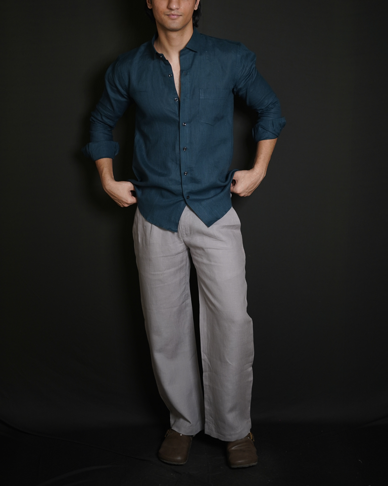 Teal Blue Shirt & Grey Loose Pant Combination