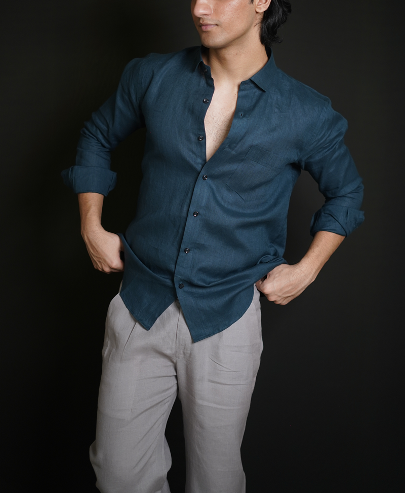 Teal Blue Shirt & Grey Loose Pant Combination