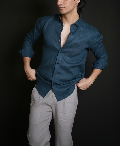 Teal Blue Shirt & Grey Loose Pant Combination