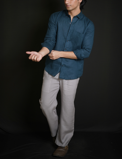Teal Blue Shirt & Grey Loose Pant Combination