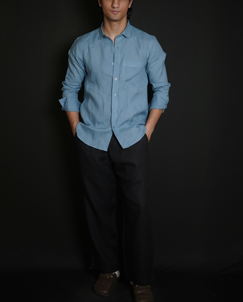 Denim Blue Shirt & Black Loose Pant Combination