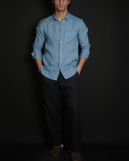 Denim Blue Shirt & Black Loose Pant Combination