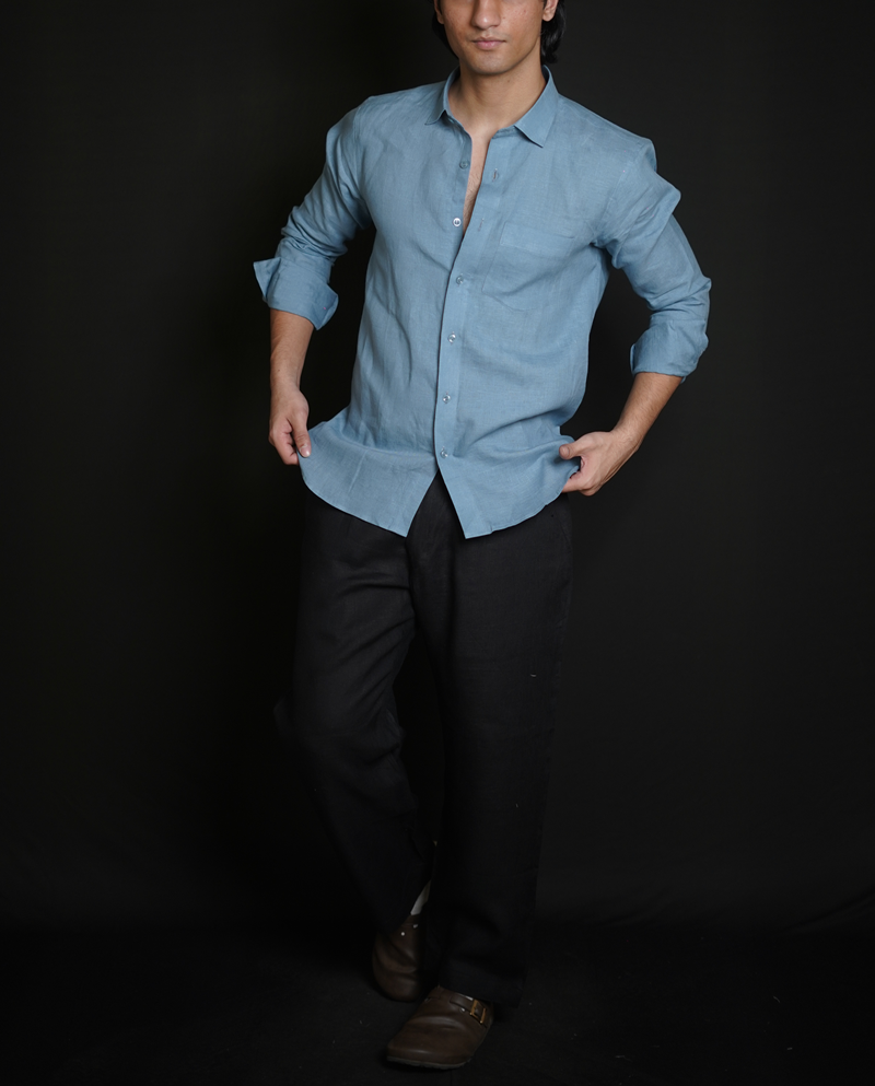 Denim Blue Shirt & Black Loose Pant Combination