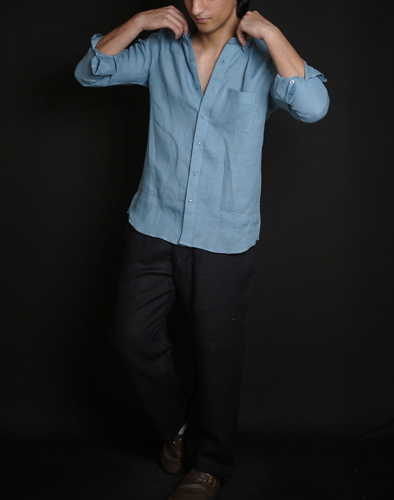 Denim Blue Shirt & Black Loose Pant Combination