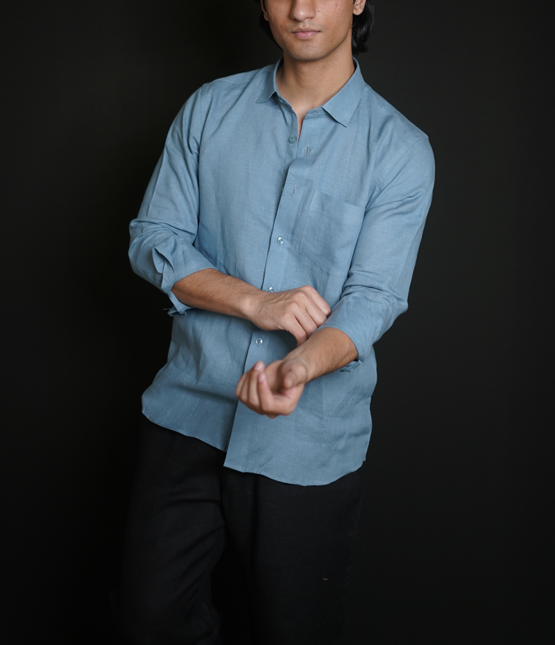 Denim Blue Shirt & Black Loose Pant Combination