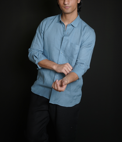 Denim Blue Shirt & Black Loose Pant Combination