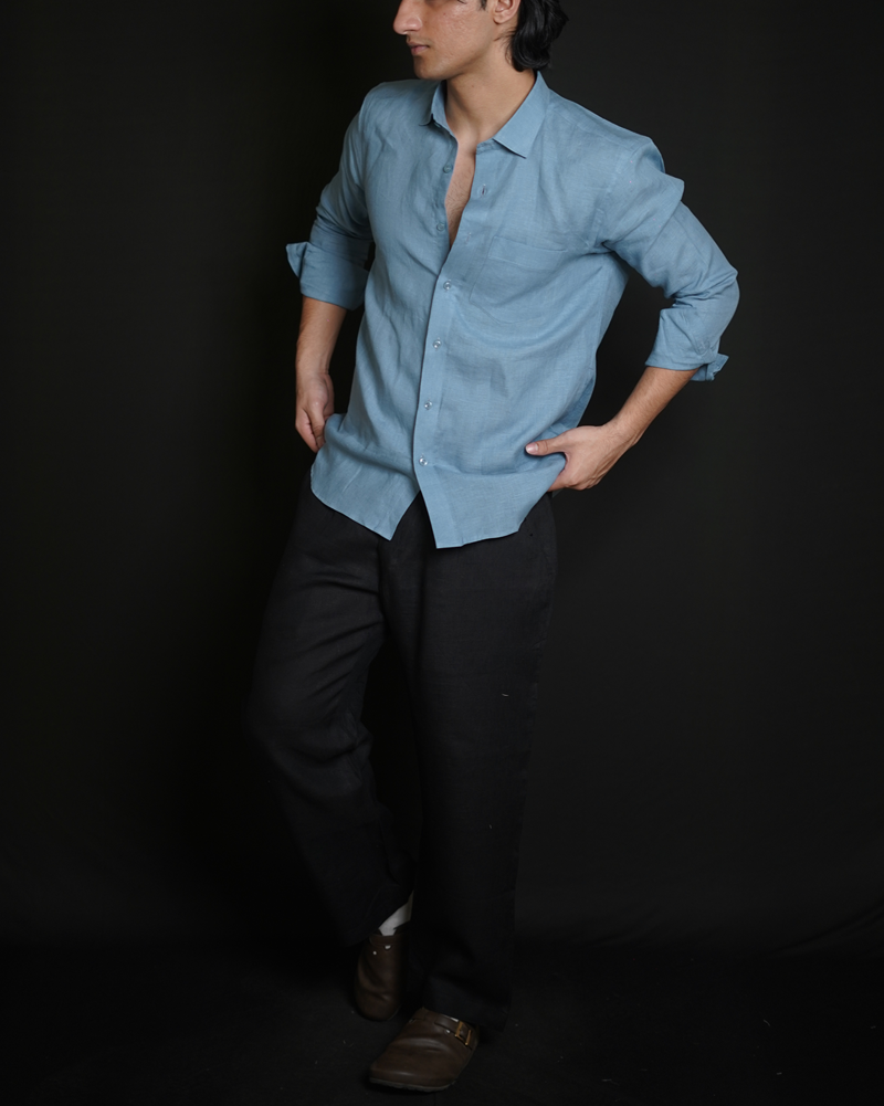 Denim Blue Shirt & Black Loose Pant Combination