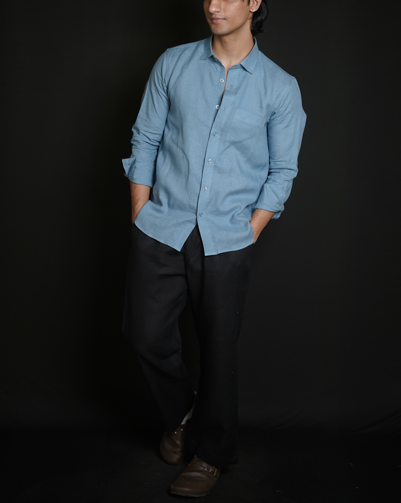 Denim Blue Shirt & Black Loose Pant Combination