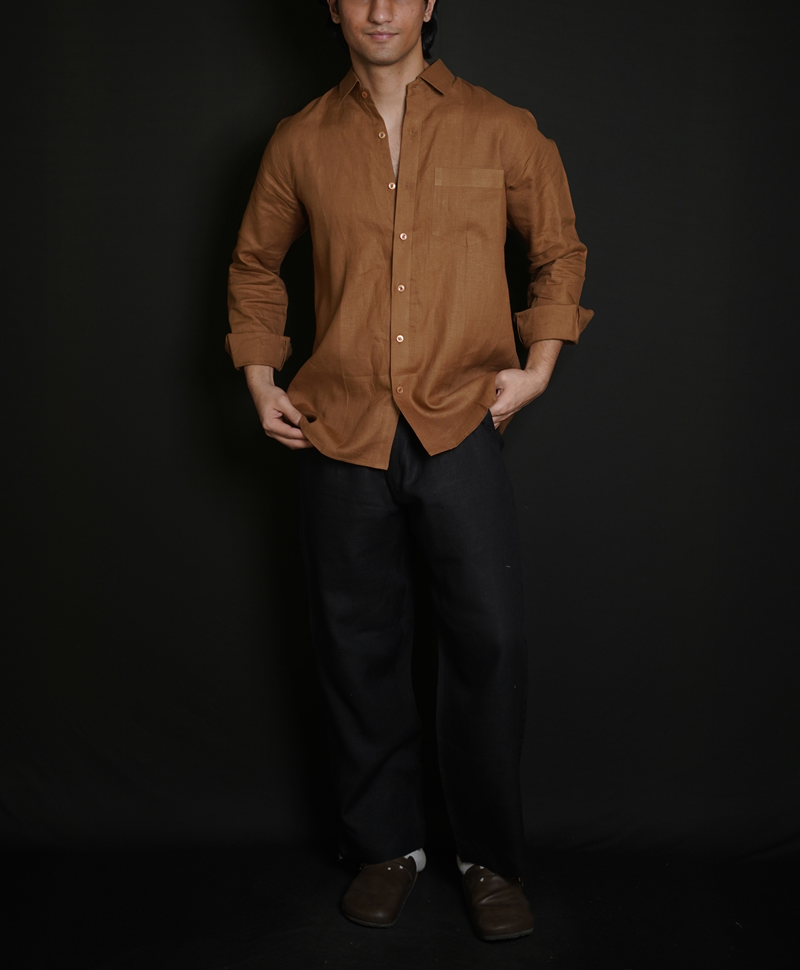 Tobacco Brown Shirt & Black Loose Pant Combination